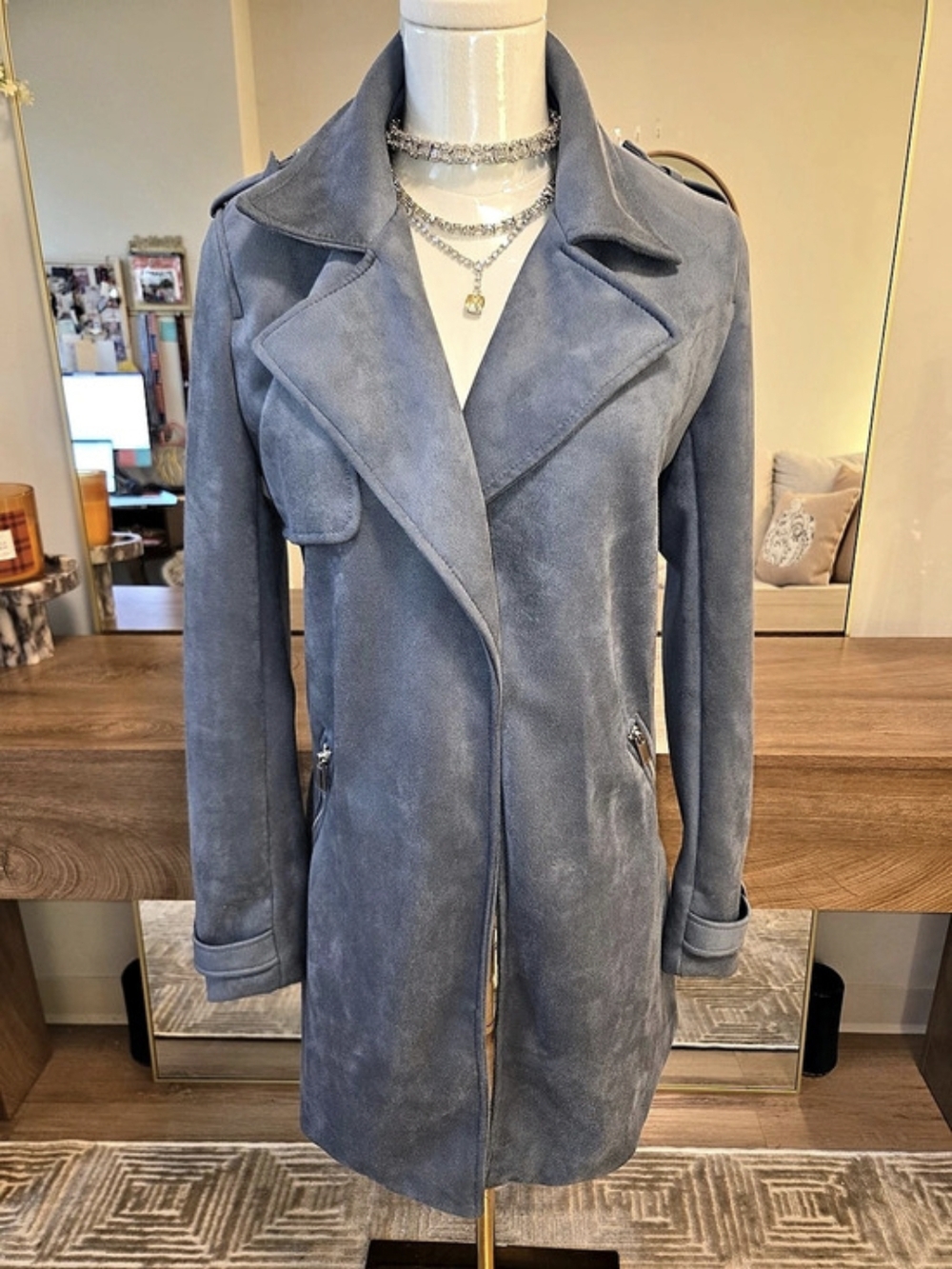 Magaschoni Suede-Look Trench Coat in Blue Size Medium
